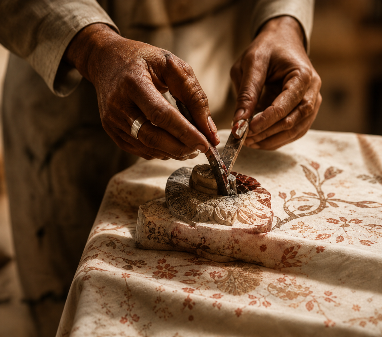 Artisan hand block printing fabric